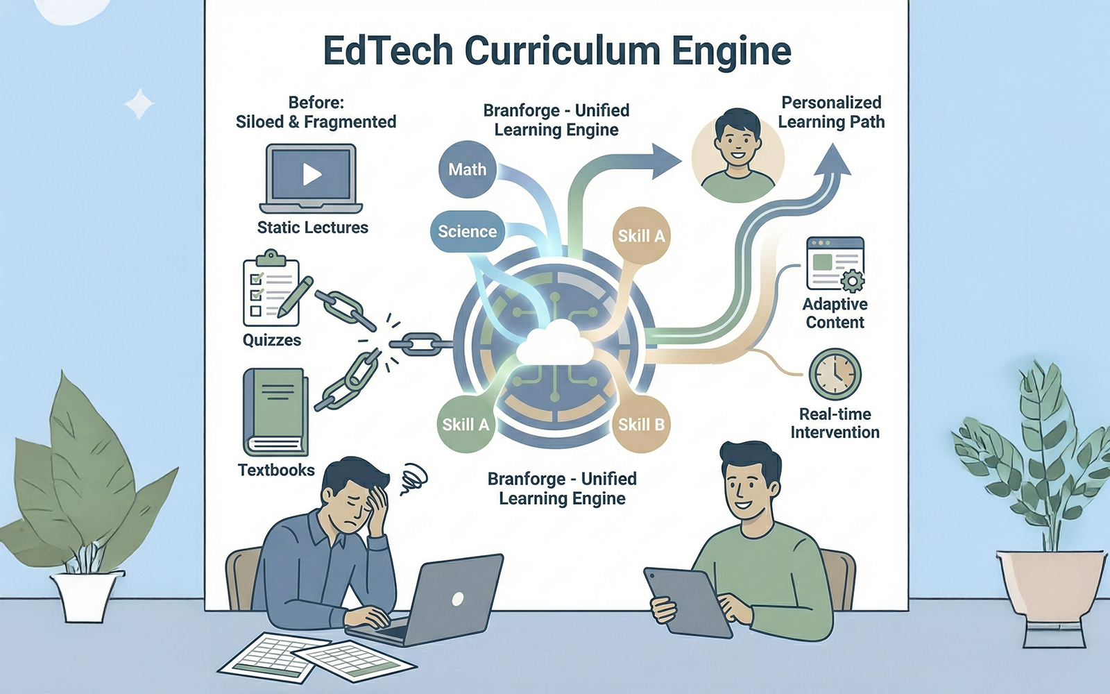 Abstract visualization of adaptive learning paths and curriculum data nodes