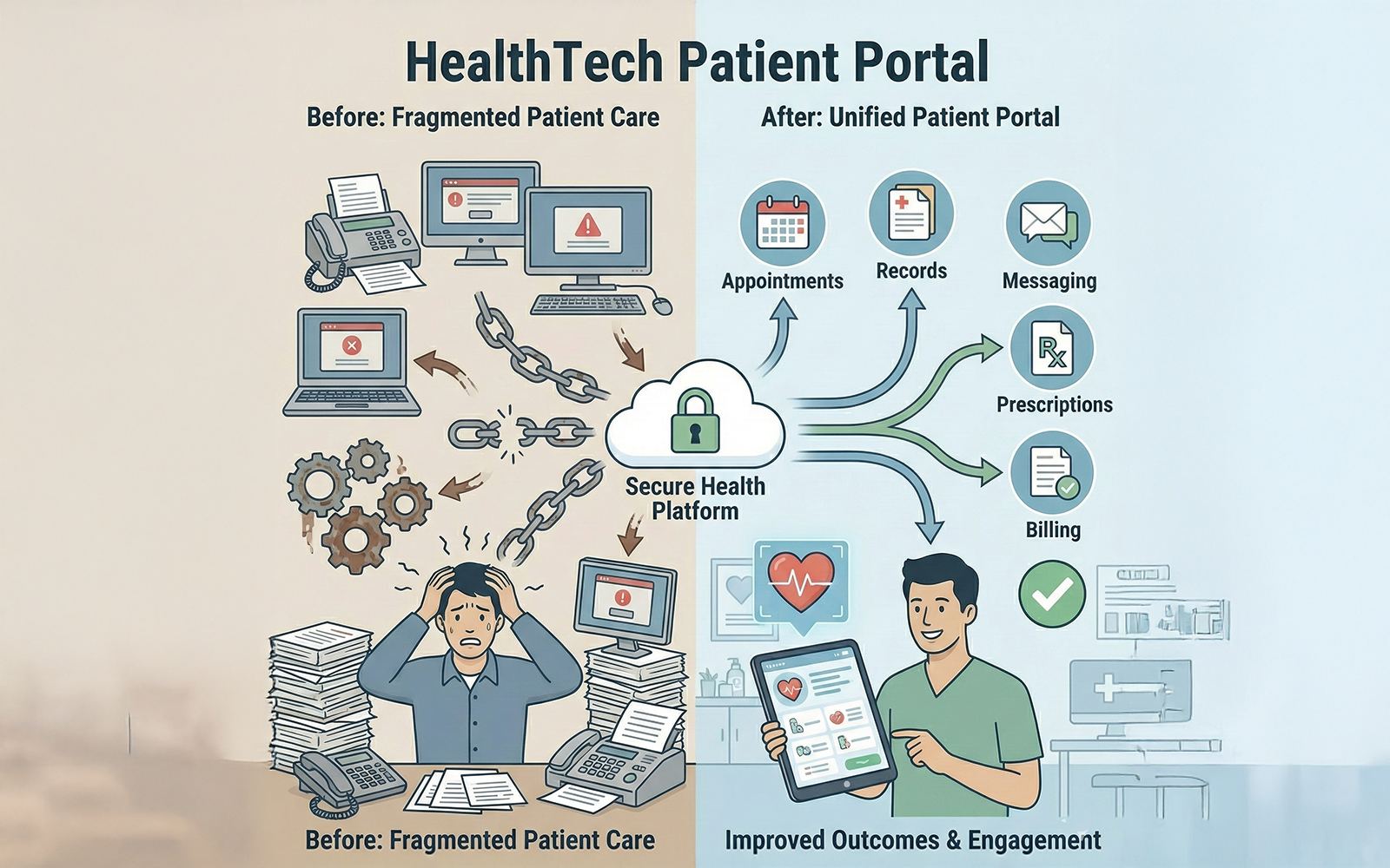 Abstract visualization of secure medical data nodes and patient connectivity
